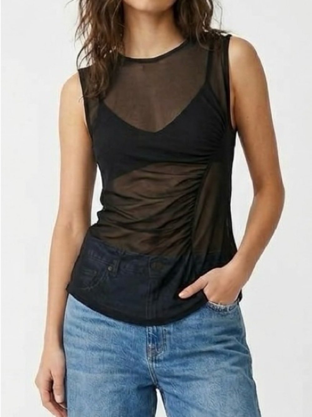 Free People Black Mesh Tank Top Asymmetrical Ruched Cutout Back Indie Sleaze XL